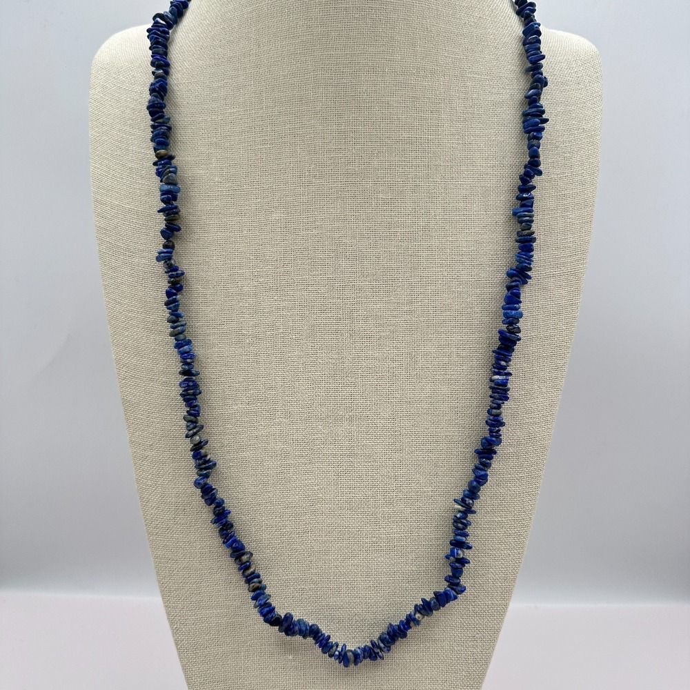 Vintage 90s Lapis Lazuli Chip Necklace Blue Natural Stone Boho Statement Jewelry